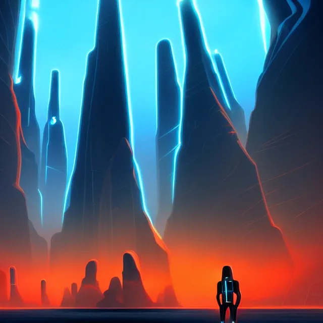 Image similar to a black sandy beach with monoliths in the background, tron legacy!, blue and orange neon lights, dark waters, dark lighting, misty background, vivid colors, high detail, trending on artstation, deviantart featured