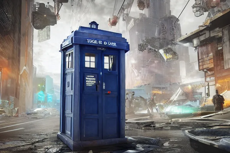 Image similar to tardis in cyberpunk 2 0 7 7