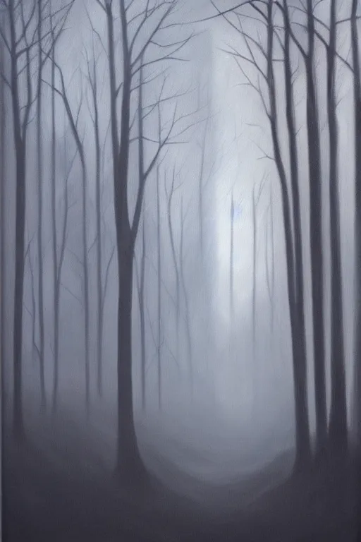 Prompt: dark and spooky woods featuring a menacing werewolf silhouette. atmospheric, foggy, oil painting on canvas. fairytale