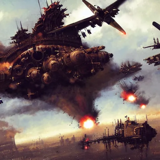 Prompt: huge steampunk aircraft in battle, sky, explosions, jakub rozalski