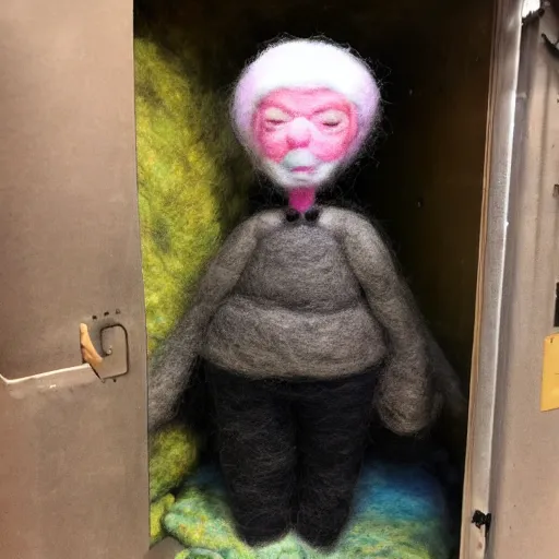 Image similar to photo of a life sized needle - felted 2 0 0 year old wrinkly crone covered in warts sitting behind a needle felted dumpster in a needle felted alley way with low soft light