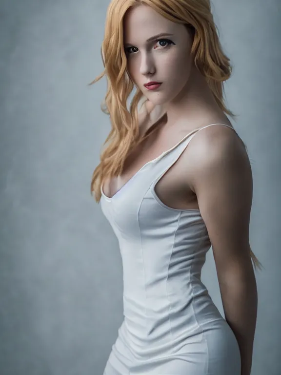 Image similar to studio photo of gorgeous seductive emily skinner cosplaying annie leonhart wearing tight white dress, beautiful face, pale skin, rule of thirds, cinematic lighting, sharp focus, backlit, stunning, smooth, hard focus, full body shot