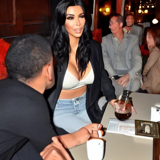 Prompt: paparazzi photo of kim kardashian on a date with einstein, wide angle, fisheye, uhd, 8k, award winning,