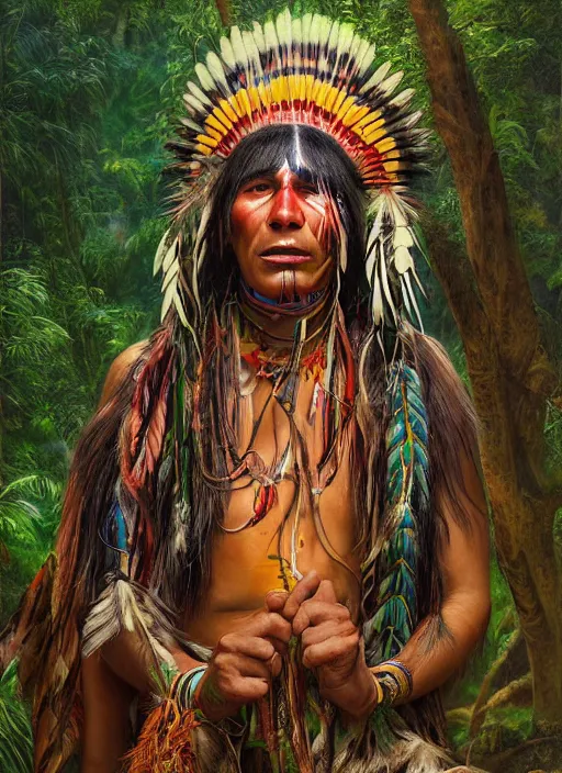 Image similar to a beautiful painted portrait of an indigenous shaman chanting in the jungle, matte painting, fantasy art, ayahuasca