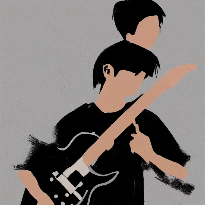 Image similar to minimal dramatic painting of a young korean man wearing black t shirt holding an electric guitar!!, dark background, huge dramatic brush strokes, matte colors, abstract, trending on artstation