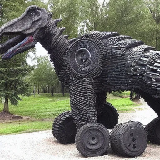 Image similar to photograph of a tyrannosaurus made of tires, recycled tire sculpture