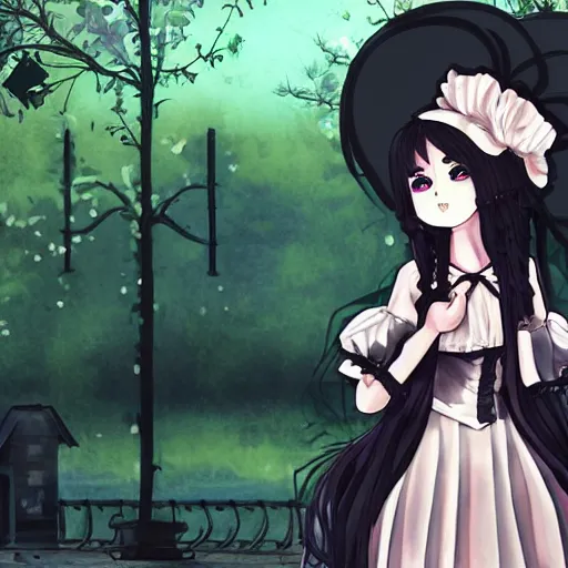 Prompt: beautiful android gothic lolita standing in a city taken over by nature , theme of sadness, melancholy, and dark beauty, high exposure