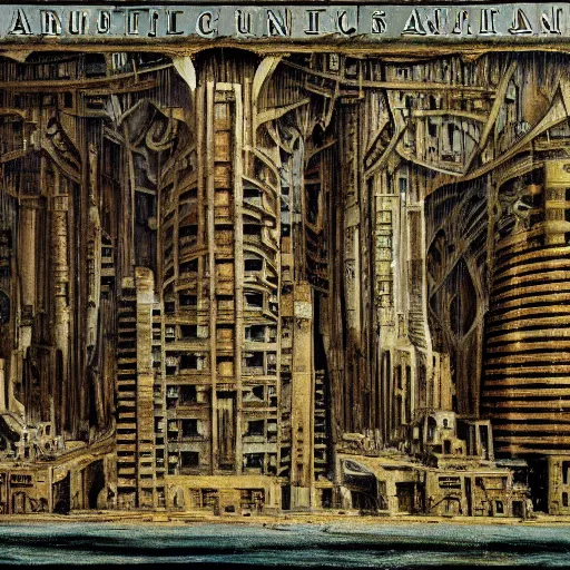 Prompt: painting of a scifi ancient civilzation victorian, brutalist architecture, hr giger