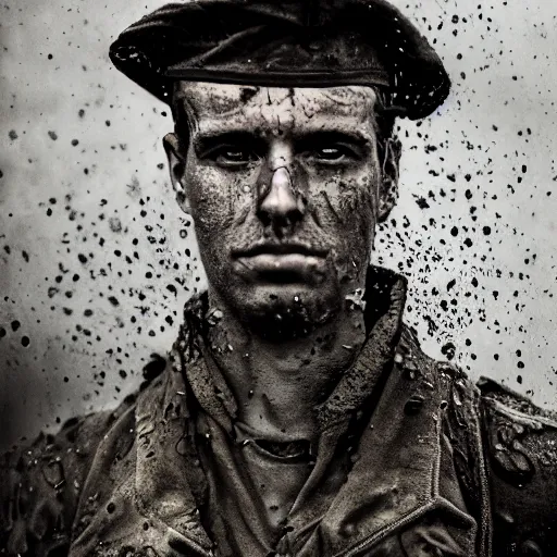 Image similar to A wet-collodion styled portrait of a disheveled solider coming back from battle looking defeated, staring straight into the camera. Depth of field, smokey background, high contrast, extremely detailed.