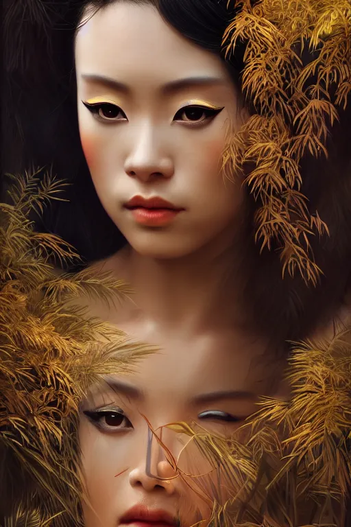 Prompt: stunningly beautiful, peruvian geisha prima ballerina in jungle, symmetrical face, golden hour, smooth, focus, highly detailed, hyper realistic, dramatic lighting, elegant, intricate, concept art, art by wlop, mars ravelo, greg rutowski, artstation