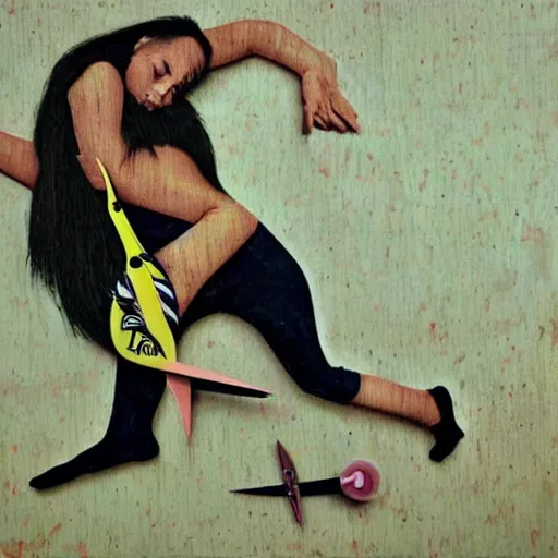 Image similar to the deadly consequences of running with scissors, surreal, hyperrealistic