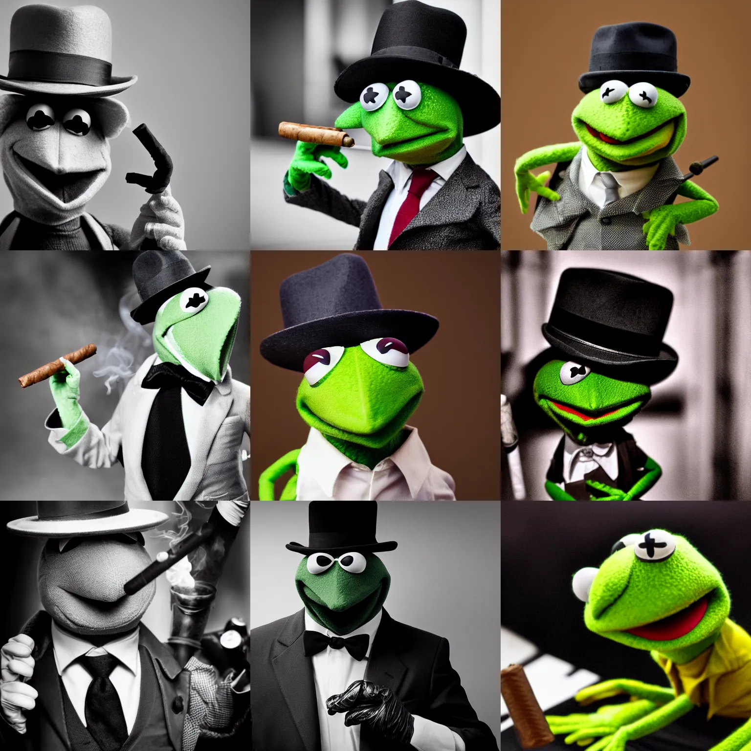 Prompt: Kermit the Frog dressed as a mobster, smoking a cigar, wearing a fedora hat, cinematic, ultra wide lens, black and white photography, 8k