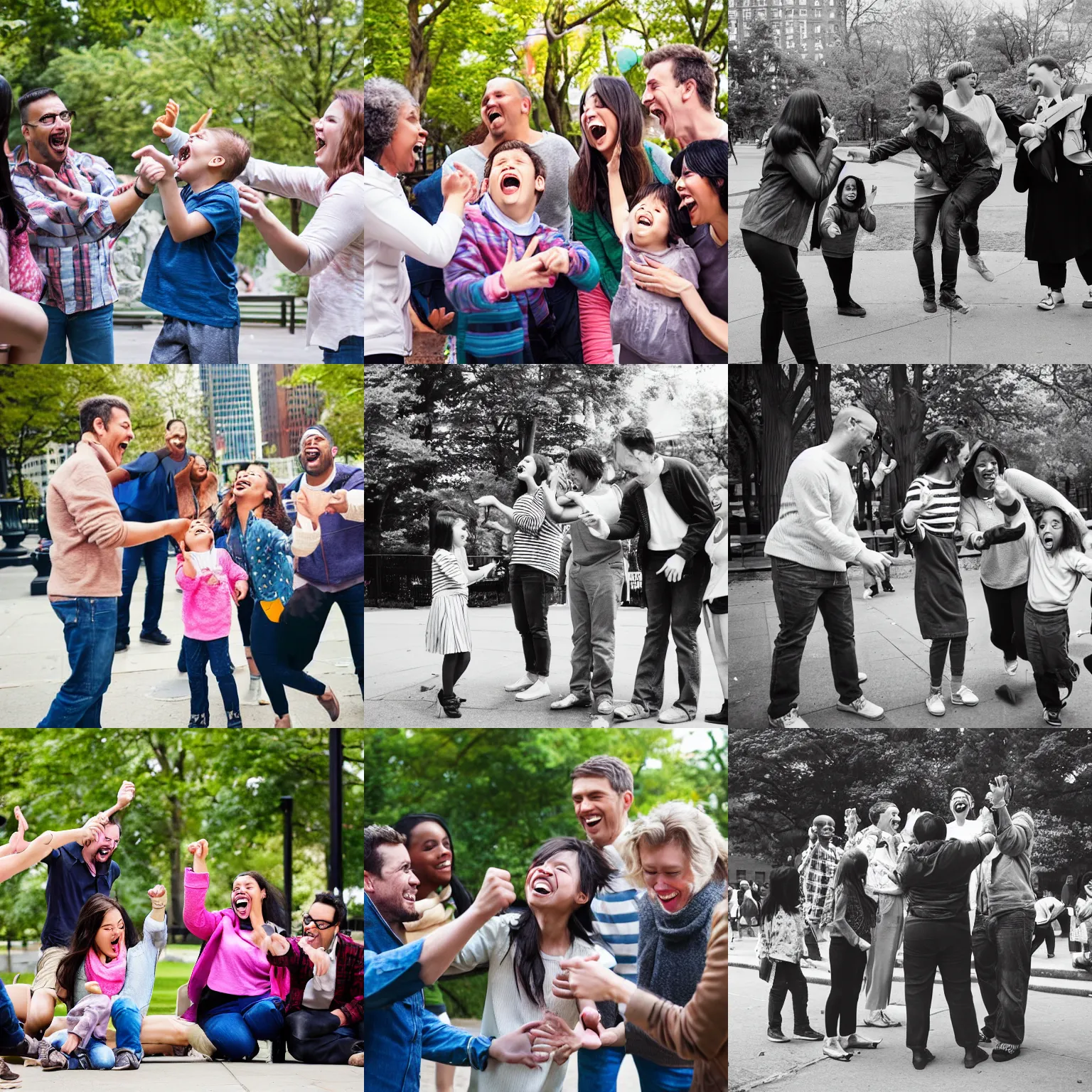 Prompt: a group of adults pointing and laughing at a crying child, new york park, photo