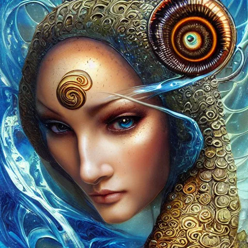 Image similar to a beautiful ammonite manipulating water by karol bak, ayami kojima, artgerm, river, water, blue eyes, smile, concept art, fantasy