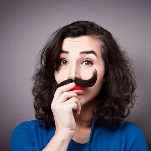 Image similar to a surprised woman with a moustache looks at the camera