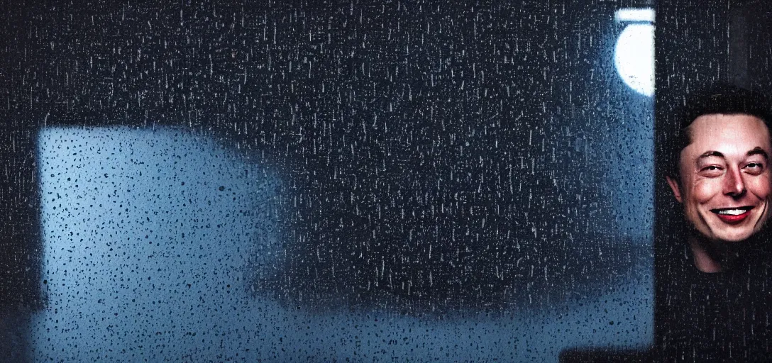 Image similar to dark photo of dark blue rainy bedroom window at night, dimly lit creepy grinning face of elon musk staring in through the window, horror, scary face,
