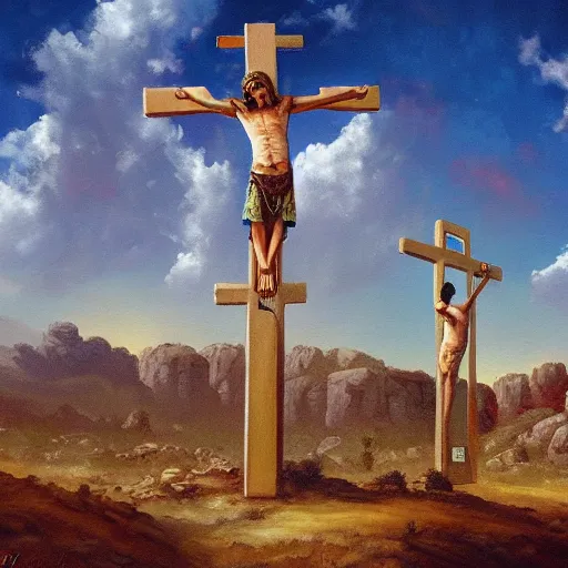 Prompt: painting of three 1st century empty crucifixion crosses on calvary hill, miraculous cloudy backdrop, by Tony Sart, ArtStation, Detailed, realistic