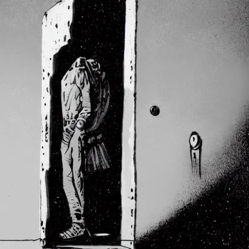 Prompt: The Sandman standing in a doorway leading into the void, portrait, digital art, ultra realistic, highly detailed, HD, artstation, concept art, smooth, sharp focus, illustration, cinematic lighting, comicbook, art by Sam Kieth and Mike Dringenberg