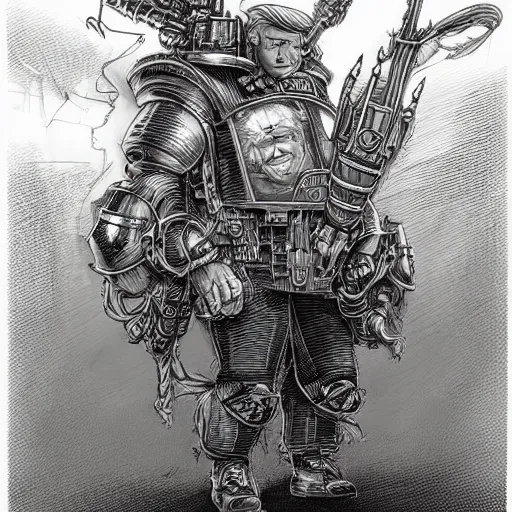 Image similar to A stunning and lovable portrait of Donald Trump as a Warhammer 40K character Moebius, by Mattias Adolfsson, by Mandy Jurgens