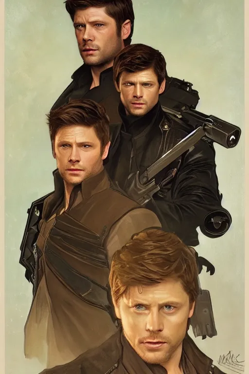 Image similar to a detailed matte portrait of jensen ackles dressed as has solo and misha collins as luke skywalker, masterpiece, 8 k, art by alphonse mucha and greg rutkowski