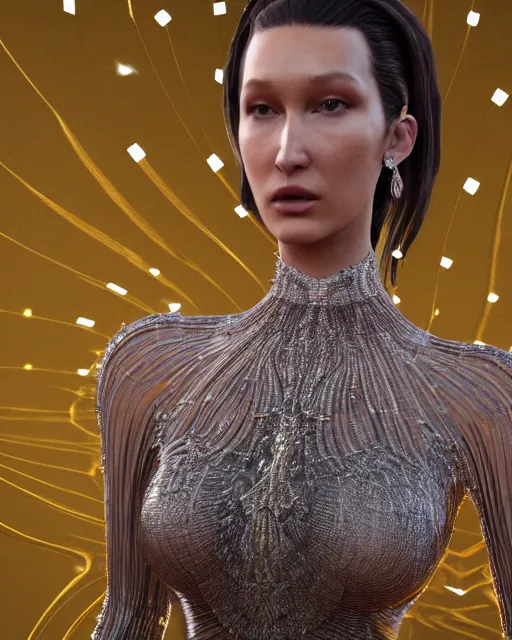 Image similar to a highly detailed metahuman 8 k close up render of bella hadid catwalk renaissance in iris van herpen dress schiaparelli in diamonds crystals swarovski and jewelry iridescent in style of alphonse mucha trending on artstation made in unreal engine 4