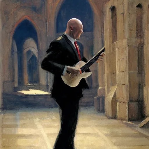 Prompt: a portrait of agent 4 7 from hitman playing a guitar in a monestary, by gregory manchess, james gurney, james jean