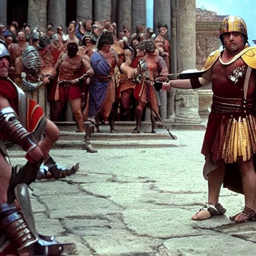 Image similar to danny devito as a roman praetorian in the streets of ancient rome, color film still