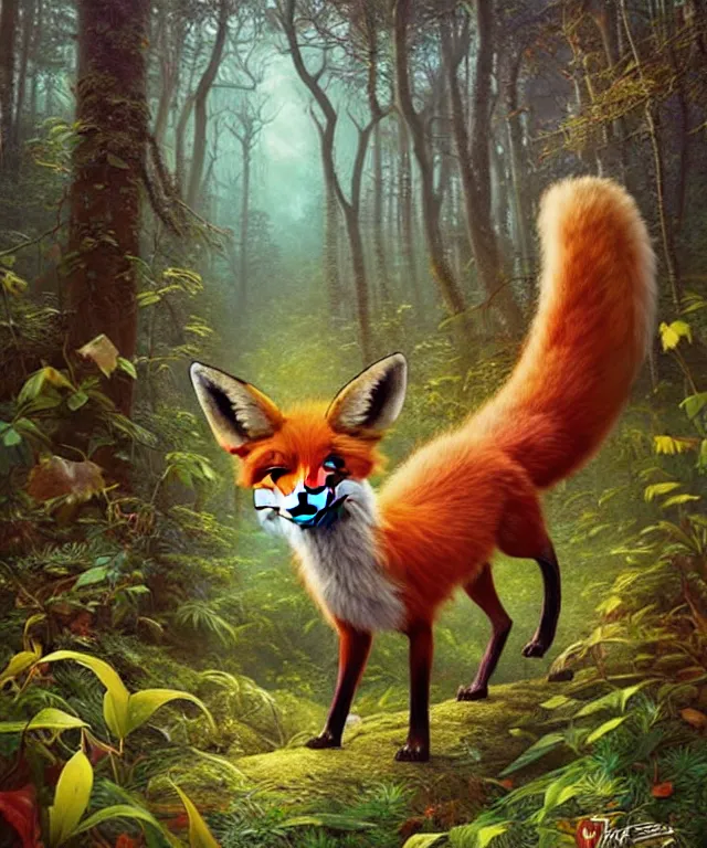 Image similar to a single realistic fox, walking through a psychedelic forest, wide angle landscape shot, pixar style by tristan eaton, artgerm and tom bagshaw