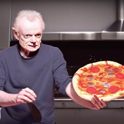 Image similar to A still of Ian McDiarmid as Palpatine making a pizza, 4k, photograph, ultra realistic, highly detailed, professional lighting