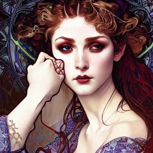 Prompt: realistic detailed face portrait of an Exotic Vampire Bride by Alphonse Mucha, Ayami Kojima, Amano, Charlie Bowater, Karol Bak, Greg Hildebrandt, Jean Delville, and Mark Brooks, Art Nouveau, Neo-Gothic, gothic, rich deep moody colors