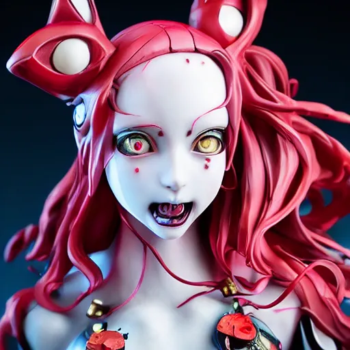 Image similar to by Yoshitaka Amano, by James Jean, by Good Smile Company, detailed resin anime sculpture of a 26yo female jester necromancer wearing a skull hat, close up dslr studio photograph, headshot, portrait, artstation, sci fi futuristic costume, rim lighting