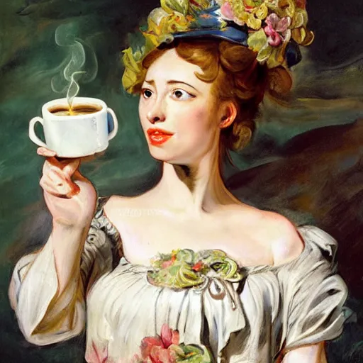 Image similar to eavenly summer sharp land sphere scallop well dressed lady holding a tall paper cup coffee, auslese, by peter paul rubens and eugene delacroix and karol bak, hyperrealism, digital illustration, fauvist, tall paper cup coffee, green coffee logo