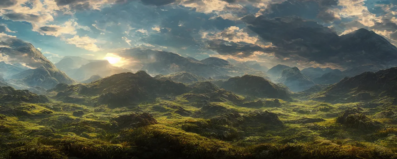 Image similar to sun path in the sky, a magical lush highland landscape in the background with mountains far away, hypermaximalistic, high details, cinematic, 8k resolution, beautiful detailed, insanely intricate details, artstation trending, octane render, unreal engine