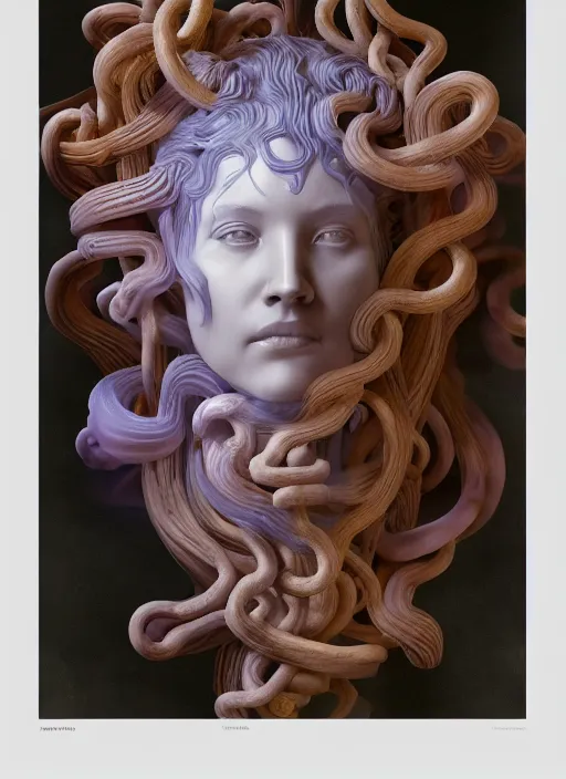 Image similar to medusa made of soft translucent wax, wooden art nouveau swirls, strong subsurface scattering, cables, tubes, subsurface scattering, in the style of ruan jia and beeple and giger, subsurface scattering, mystical colors, back light, rim light, dramatic lighting, 8 k, stunning scene, raytracing, octane render, trending on artstation