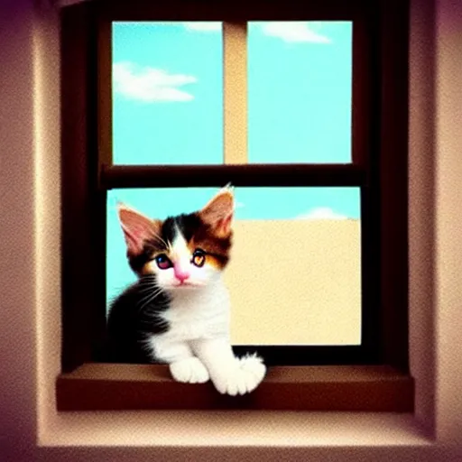 Image similar to cute calico kitten looking out of the window on a [ [ [ [ [ beautiful ] ] ] ] ] ] summer day, featured on artstationg, gorgeous!!!