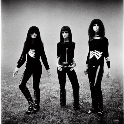 Prompt: group of 2 1 - year - old girls dressed like black sabbath, female rock band, proto - metal, doom metal band promo, 1 9 7 0 photograph