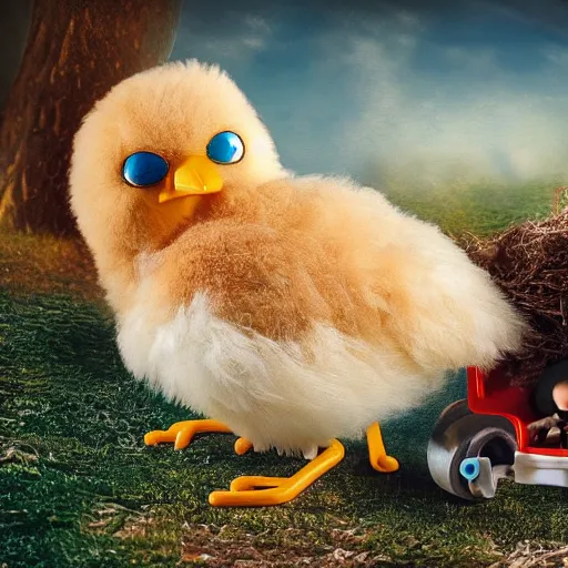 Prompt: long shot of a cute fluffy furry chick nesting in a playmobil car, by esao andrews, by m. w. kaluta, humorous illustration, hyperrealistic, tilt shift, warm colors, night scenery, low light, 3 d octane render, 4 k, volumetric lights, smooth, cosy atmosphere, conceptart, hyperdetailed, trending on deviantart