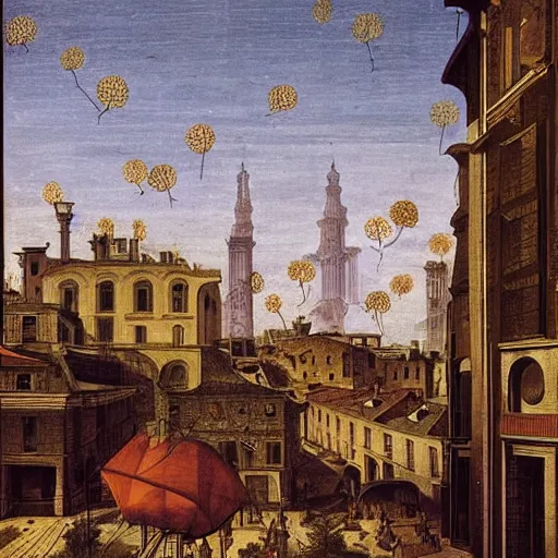 Image similar to print. a cityscape. the different colors and shapes represent different parts of the city. renaissance, dandelion by annibale carracci