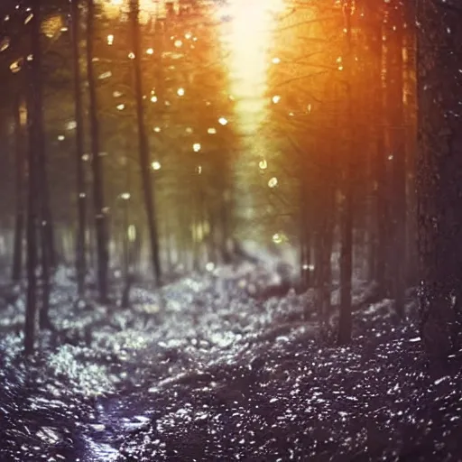 Prompt: bright nordic forest, sparkling spirits, detailed wide shot, dirt, ground detailed, wet eyes reflecting into eyes reflecting into infinity, beautiful lighting