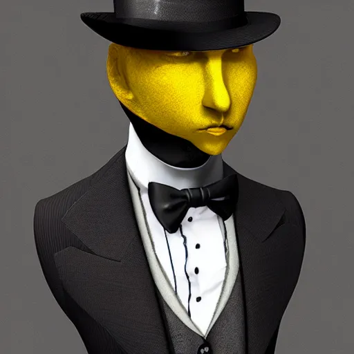 Image similar to a highly detailed portrait of a man in a high top hat covering his face, in a black tailcoat with a yellow waistcoat under the tailcoat, artstation, deviantart, professional, unreal engine 5, photorealistic