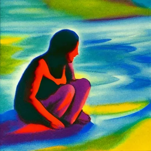 Prompt: woman washes her feet in the fast flowing river and gathers the colors and sounds to welcome the new day, abstract art in the style of geogia o keefe,