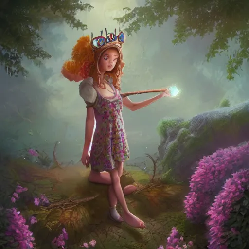 Image similar to an anthropomorphic Owl Girl wearing a sundress and a tiara, garden, summer, 8k resolution matte fantasy painting, cinematic lighting, DeviantArt, Artstation, Jason Felix Steve Argyle Tyler Jacobson Peter Mohrbacher