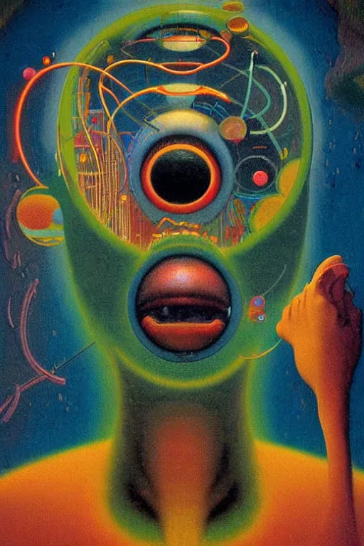 Image similar to 8 0 s art deco close up portait of face with big mouth surrounded by spheres, rain like a dream oil painting curvalinear clothing cinematic dramatic cyberpunk textural fluid lines otherworldly vaporwave interesting details fantasy lut epic composition by basquiat zdzisław beksinski james jean artgerm rutkowski moebius francis bacon gustav klimt