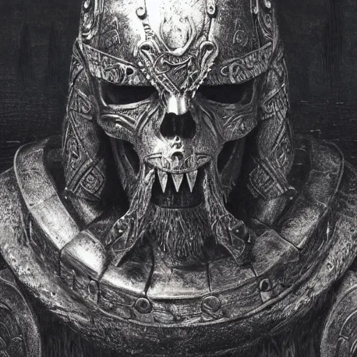 Image similar to viking king wearing a skull mask, engraving, concept art, elden ring, illustration, smooth, sharp focus, by gustave dore and greg rutkowski