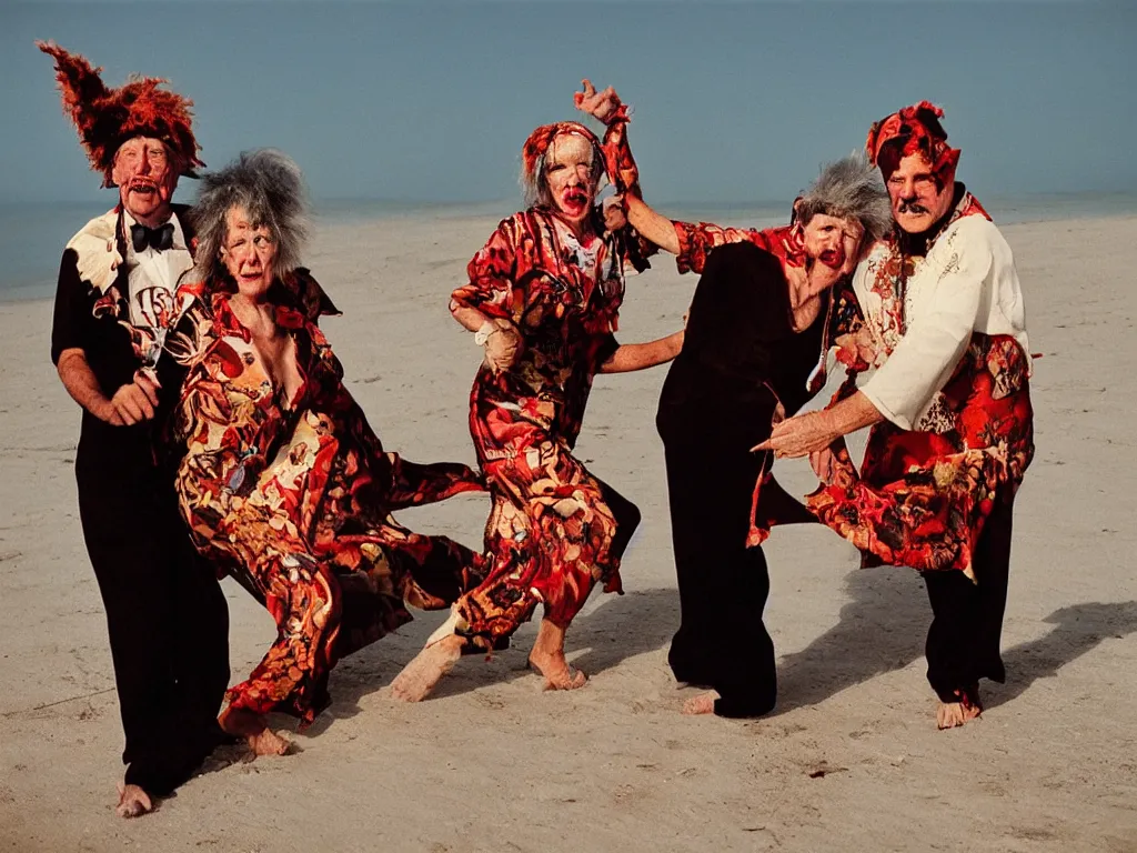 Image similar to a couple of grandparents of 1 0 0 years old wearing cursed costumes and dancing on a beach, extreme long shot, kodachrome, backlight, add a glow around subj. edge, in twin peaks, studio light, 1 9 9 0 s