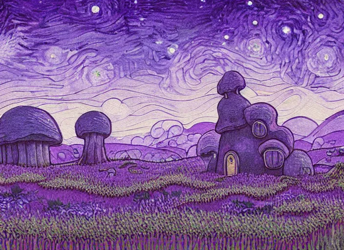 Prompt: detailed painting of a fungal house made of a giant purple mushroom, mystical dark purple landscape at night, dark purple sky, blue bioluminescent life, in the style of moebius and studio ghibli and vincent van gogh and claude monet