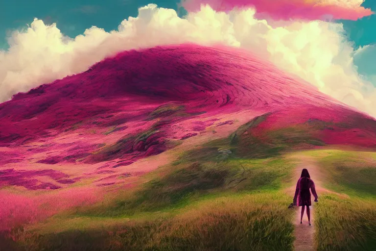 Image similar to giant dahlia flower face, girl walking on mountain, surreal photography, pink storm clouds, dramatic light, impressionist painting, digital painting, artstation, simon stalenhag