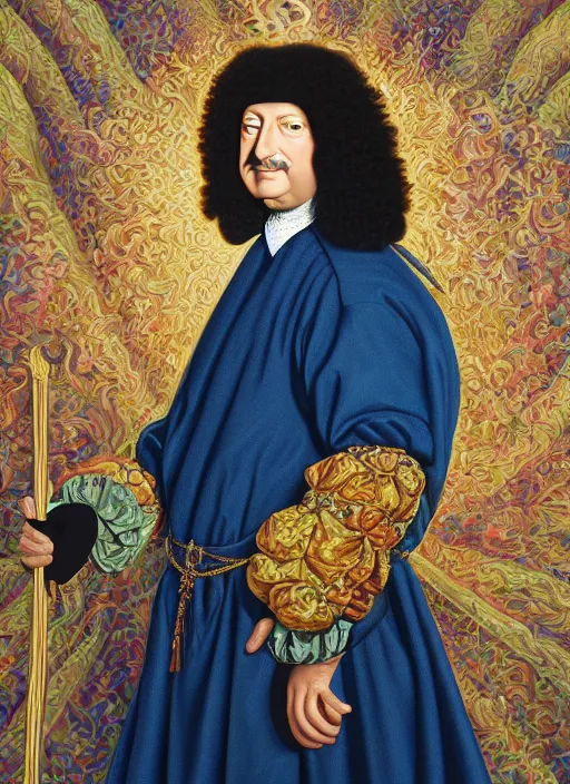 Image similar to beautiful oil painting portrait of Louis xiv in coronation robes by Dan Mumford, Alex grey, hyacinthe rigaurd 1701