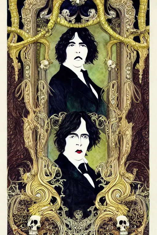 Image similar to realistic portrait of oscar wilde in the center of an ornate rococo frame with skulls, detailed art by kay nielsen and walter crane, illustration style, watercolor
