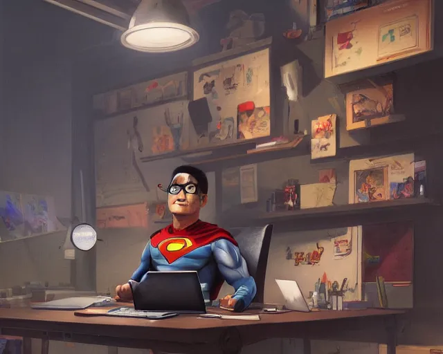 Image similar to an insanely detailed painting of a nerdy asian man wearing a superhero costume, sitting at a desk, staring at the nervously at the computer and typing, in the style of peter mohrbacher, dramatic lighting and composition, octane render, pixar, trending on artstation, concept art, comic book, view from behind